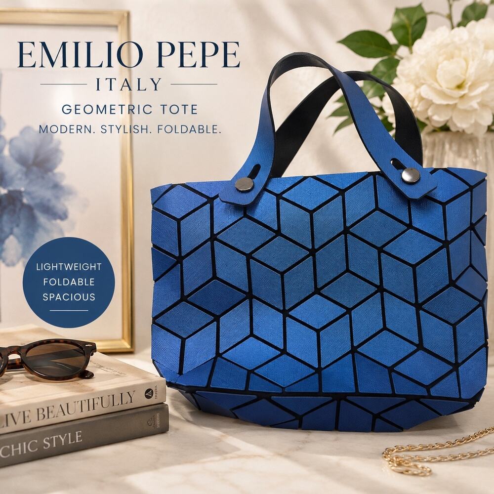 Emilio Pepe Italy Blue Geometric Cube Tote Bag Foldable Textured Handbag Small
